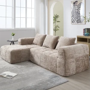 3-zits L-vormige hoekbank met 3 kussens en zijvak – Khaki chenille 3-zits L-vormige hoekbank met 3 kussens en zijvak – Khaki chenille