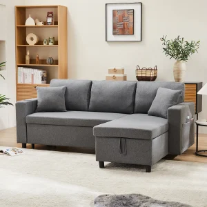 3-zits L-vormige slaapbank met slaapfunctie – Chaise longue met opbergruimte – Donkergrijs linnen 3-zits L-vormige slaapbank met slaapfunctie – Chaise longue met opbergruimte – Donkergrijs linnen