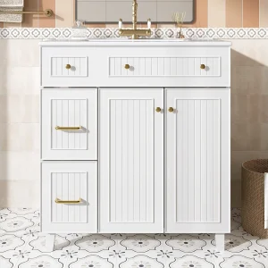Badkamermeubel met keramische wasbak, 2 lades en 2 deuren – Wit Badkamermeubel met keramische wasbak, 2 lades en 2 deuren – Wit