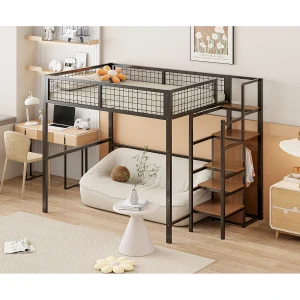 140 x 200 cm hoogslaper met plank en kledingkast – Kinderbed van metaal en hout – Zwart en donker hout 140 x 200 cm hoogslaper met plank en kledingkast – Kinderbed van metaal en hout – Zwart en donker hout