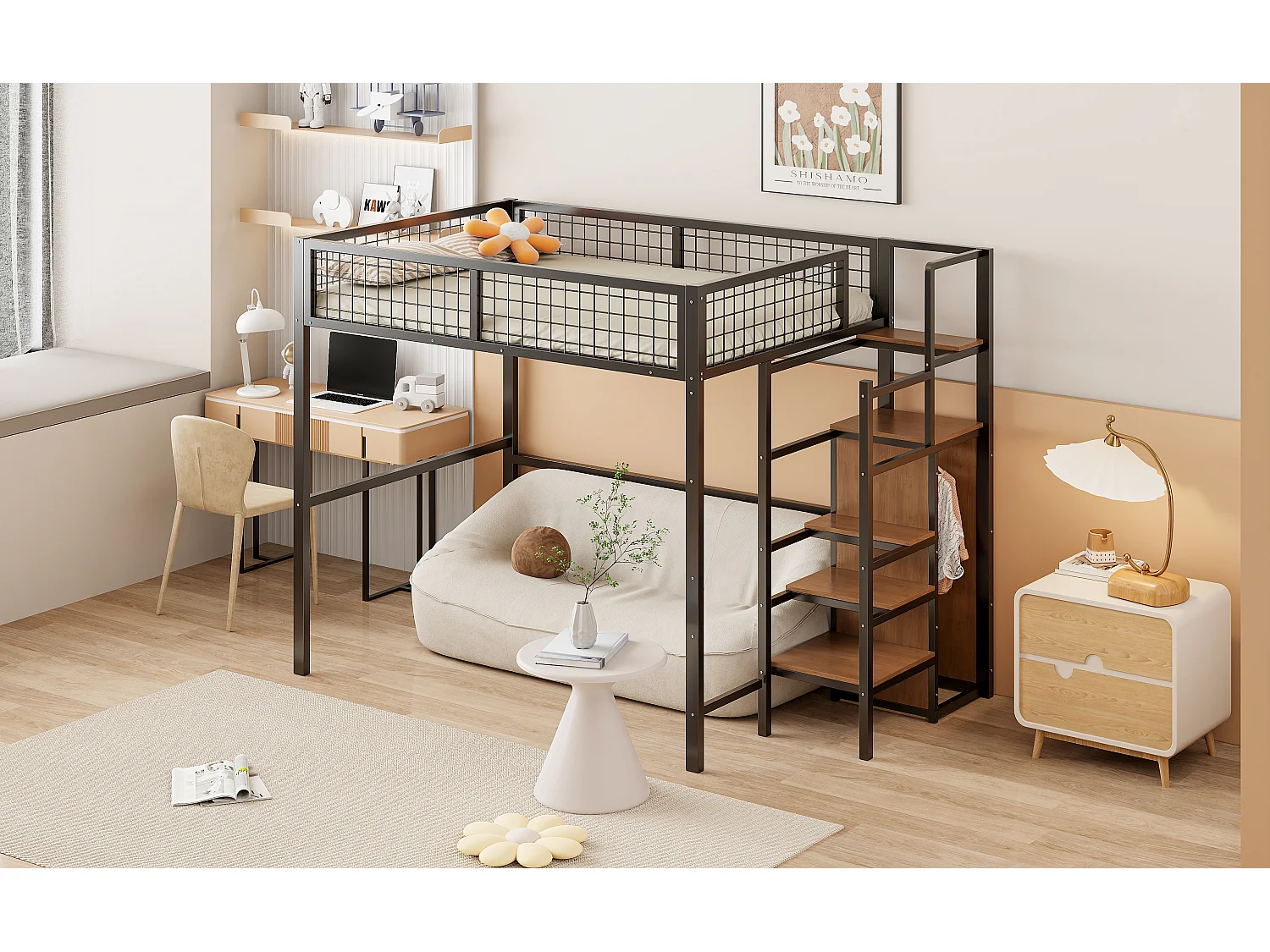 140 x 200 cm hoogslaper met plank en kledingkast – Kinderbed van metaal en hout – Zwart en donker hout