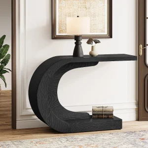 110cm console-entreetafel met opbergruimte, unieke C-vormige zwarte achterbanktafel 110cm console-entreetafel met opbergruimte, unieke C-vormige zwarte achterbanktafel