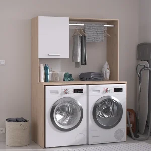 Meubel voor 2 wasmachines met kledingrek en kast – L129 x H184 cm – ARNEKO Meubel voor 2 wasmachines met kledingrek en kast – L129 x H184 cm – ARNEKO