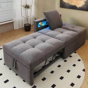3-in-1 slaapbank 177x68x65 cm van linnen en metaal, donkergrijs, verstelbare rugleuning met LED en USB/Type-C