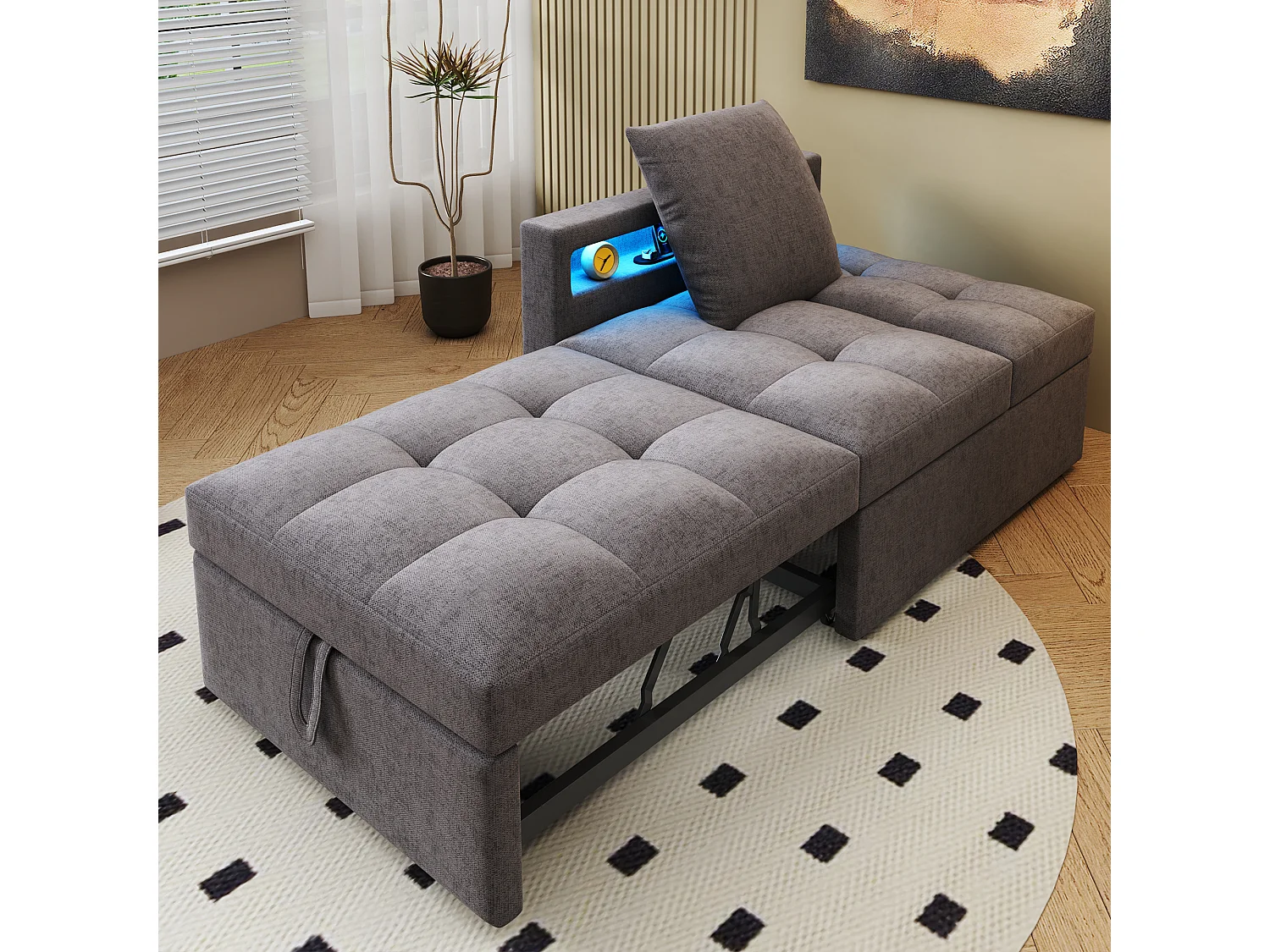 3-in-1 slaapbank 177x68x65 cm van linnen en metaal, donkergrijs, verstelbare rugleuning met LED en USB/Type-C
