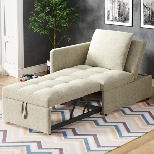 3-in-1 slaapbank 177x 68 x 65 cm van linnen en metaal, beige, verstelbare rugleuning