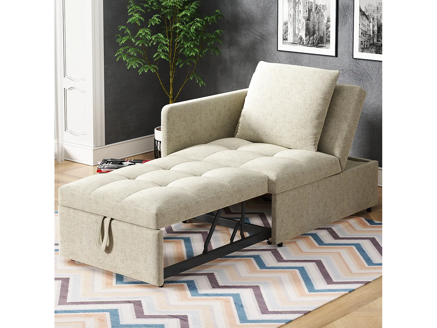 3-in-1 slaapbank 177x 68 x 65 cm van linnen en metaal, beige, verstelbare rugleuning