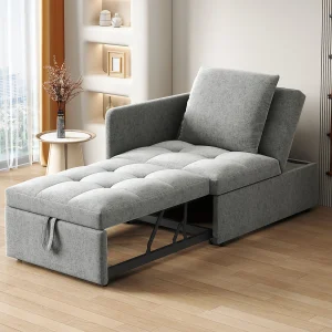 3-in-1 slaapbank 177x68x65 cm van linnen en metaal, grijs met 5-standen verstelbare rugleuning 3-in-1 slaapbank 177x68x65 cm van linnen en metaal, grijs met 5-standen verstelbare rugleuning