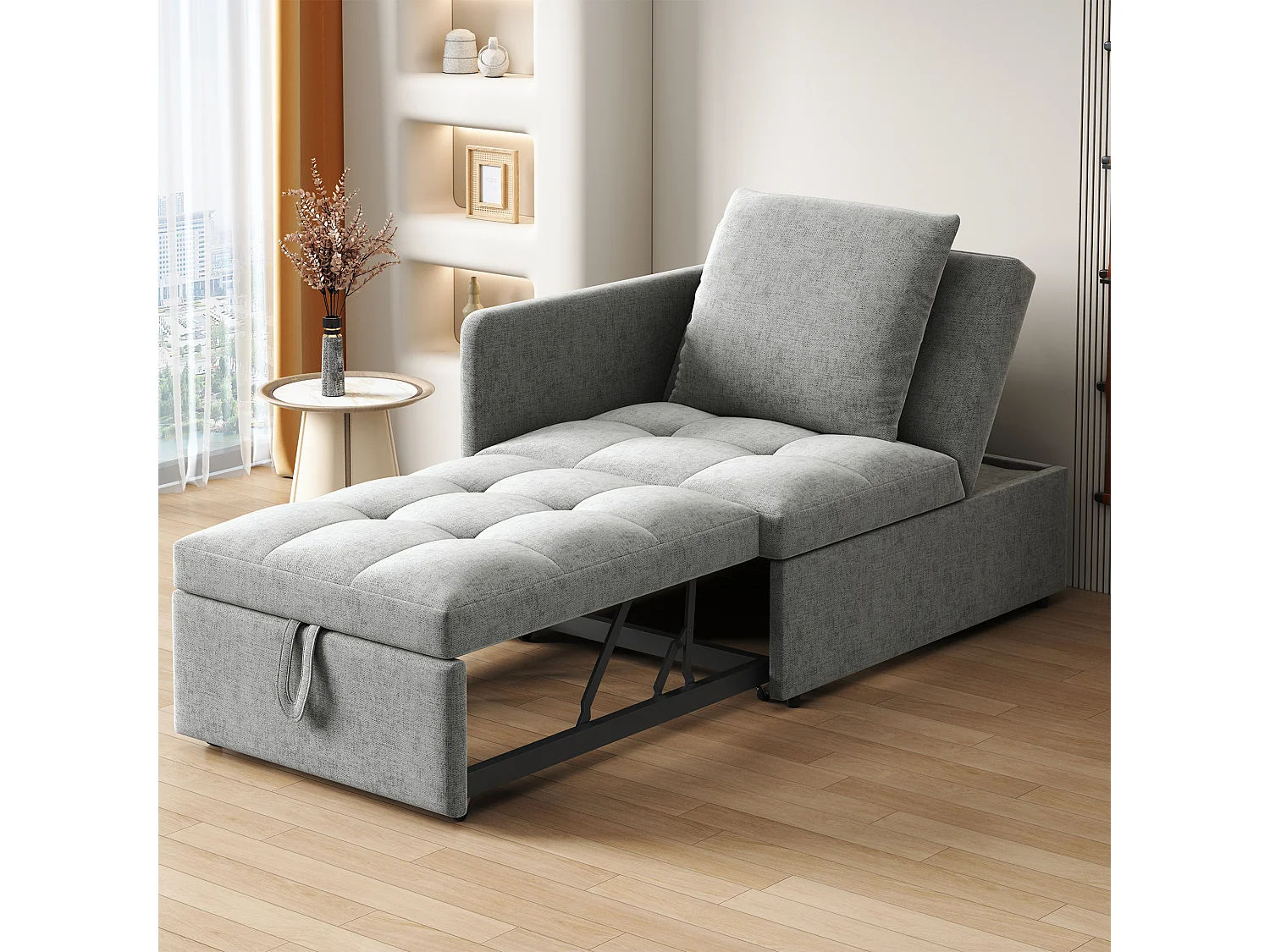 3-in-1 slaapbank 177x68x65 cm van linnen en metaal, grijs met 5-standen verstelbare rugleuning