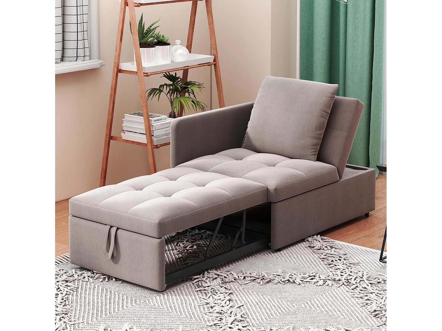 3-in-1 slaapbank 177x68x65 cm, grijs linnen stof, 5-standen verstelbare rugleuning