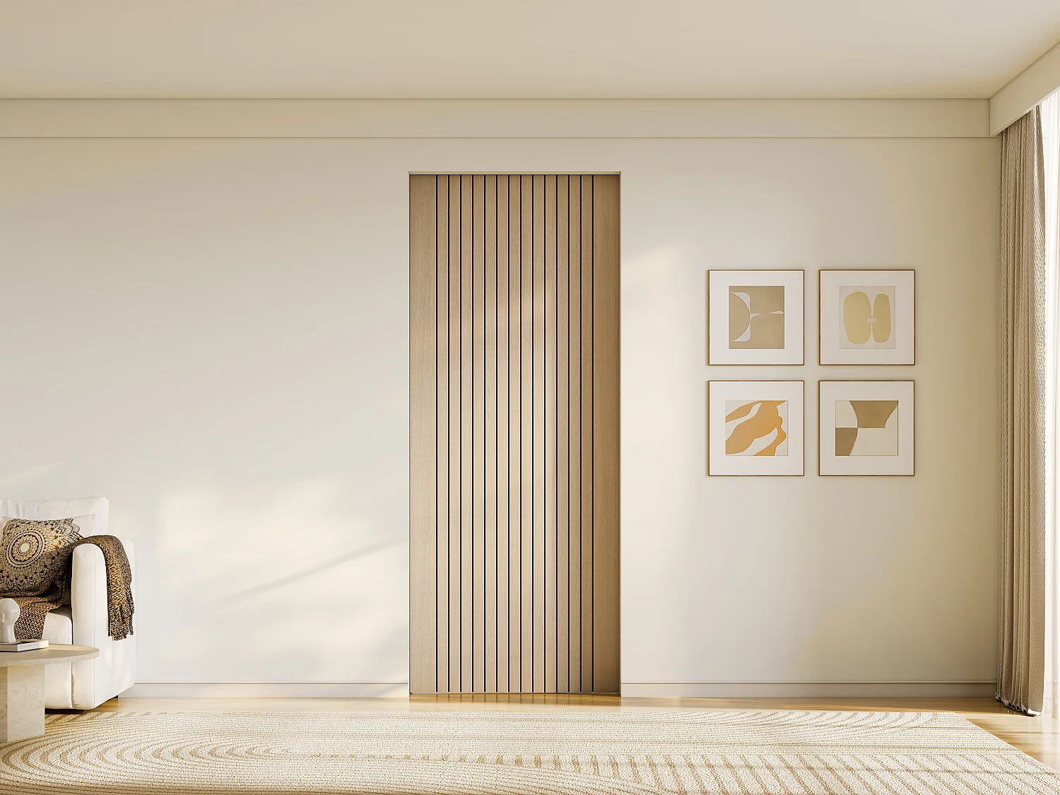 Schuifdeur met wandinsluitsysteem van geribbeld hout en MDF - H205 x B93 cm - AREZO