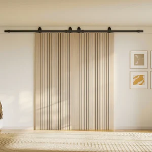 Dubbele opbouw schuifdeur in hout en gestreept MDF – 2 x H205 x B93 cm – AREZO Dubbele opbouw schuifdeur in hout en gestreept MDF – 2 x H205 x B93 cm – AREZO