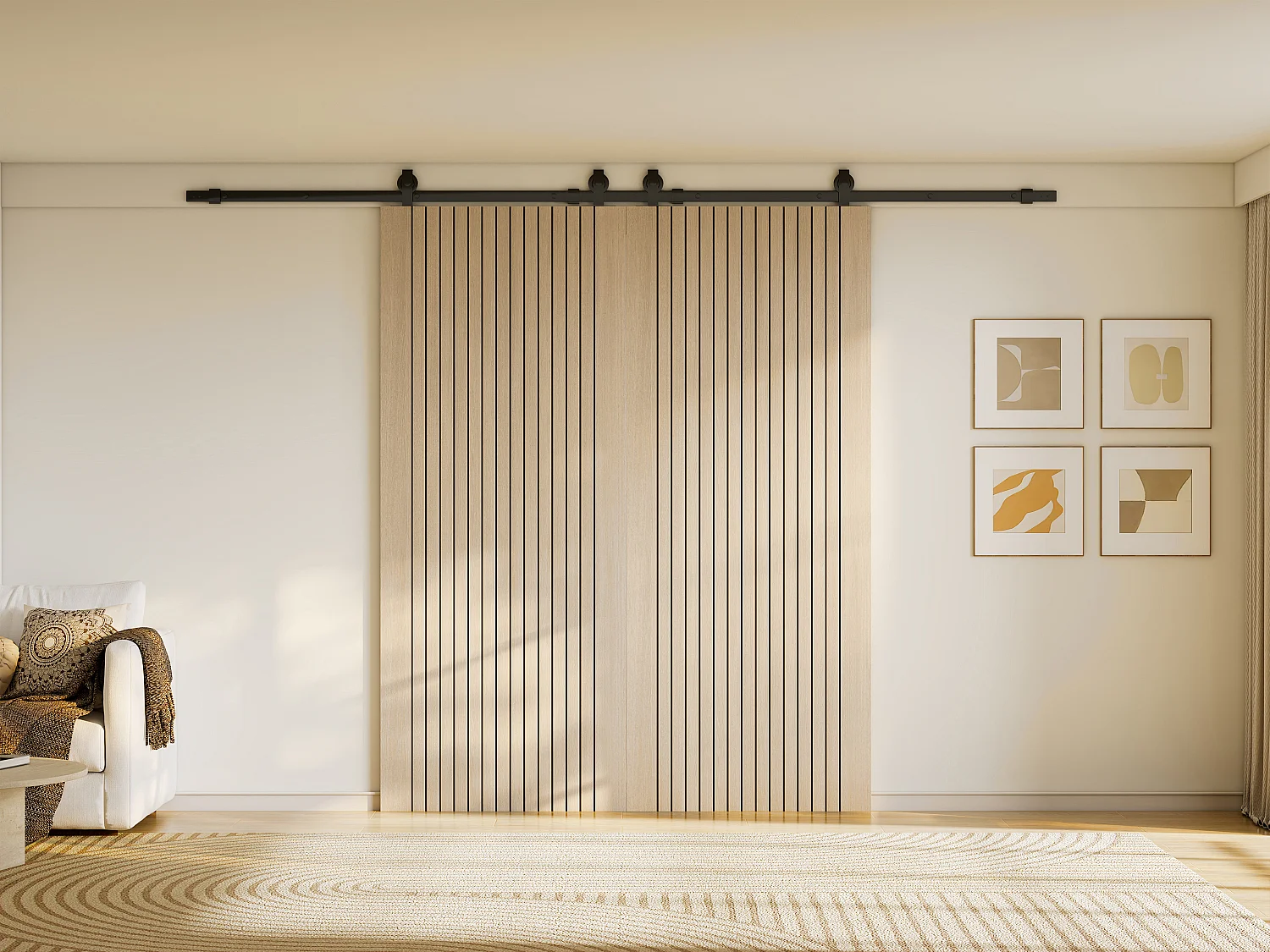 Dubbele opbouw schuifdeur in hout en gestreept MDF - 2 x H205 x B93 cm - AREZO