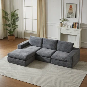3-zits hoekbank met chaise longue en 3 kussens – Donkergrijs corduroy 3-zits hoekbank met chaise longue en 3 kussens – Donkergrijs corduroy
