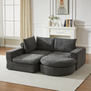 3-zits hoekbank met chaise longue en 3 kussens – Grijze chenille stof 3-zits hoekbank met chaise longue en 3 kussens – Grijze chenille stof