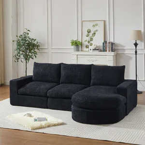 3-zits hoekbank met chaise longue en 3 kussens – Zwarte chenille stof 3-zits hoekbank met chaise longue en 3 kussens – Zwarte chenille stof