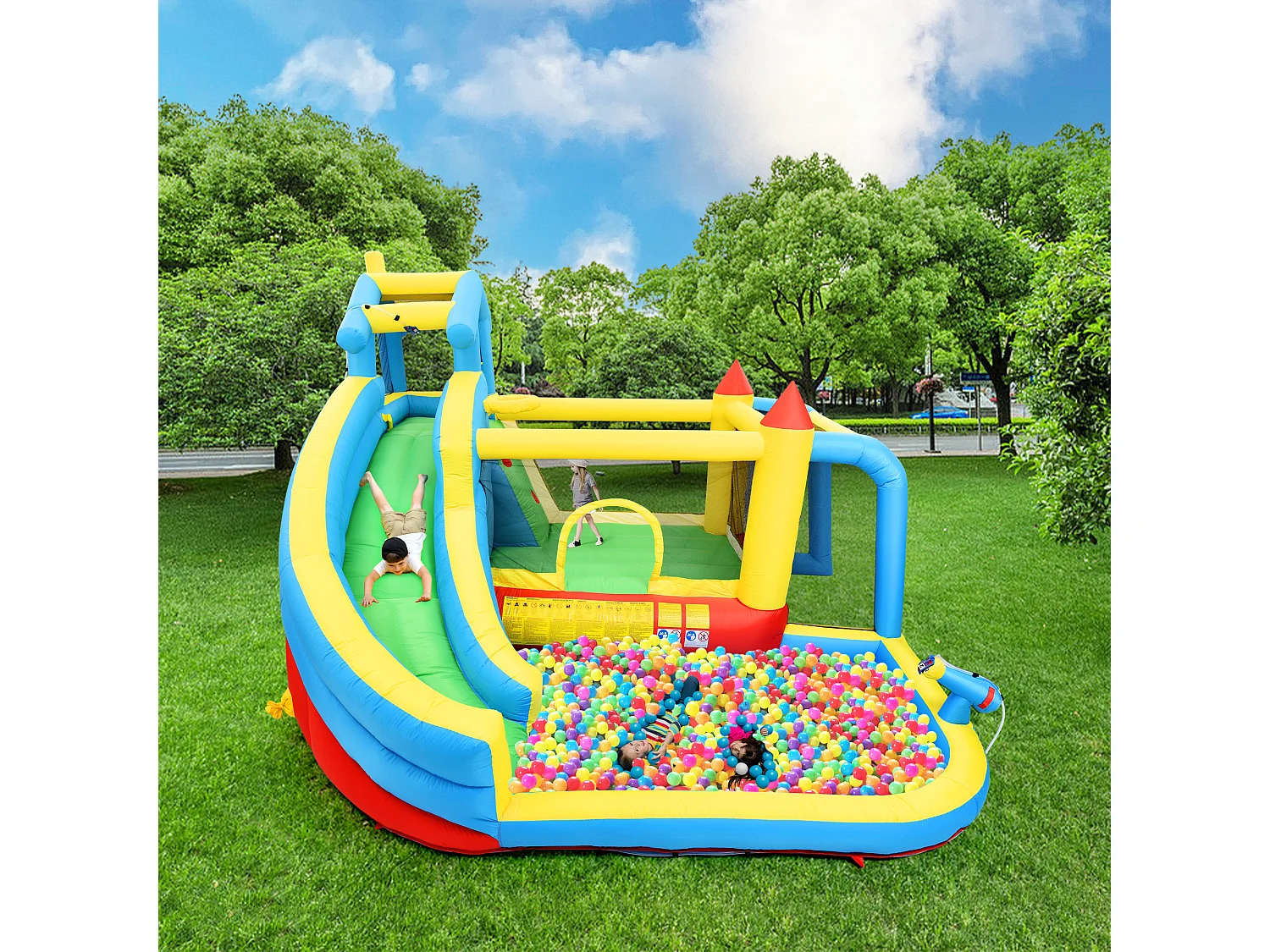 5-in-1 opblaasbaar kasteel voor kinderen met glijbaan en zwembad - Blauw Oxford-stof 364x315x239 cm