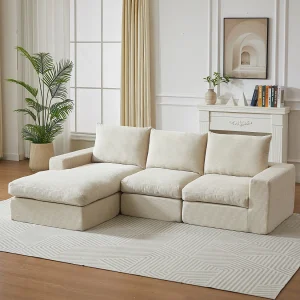 3-zits hoekbank met chaise longue en 3 kussens – Beige corduroy 3-zits hoekbank met chaise longue en 3 kussens – Beige corduroy