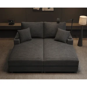 2-zitsbank met slaapfunctie – Mobiele telefoon- en USB-poort – Grijs corduroy 2-zitsbank met slaapfunctie – Mobiele telefoon- en USB-poort – Grijs corduroy