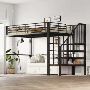 140 x 200 cm Metalen hoogslaper met opbergtrap – Zwart 140 x 200 cm Metalen hoogslaper met opbergtrap – Zwart
