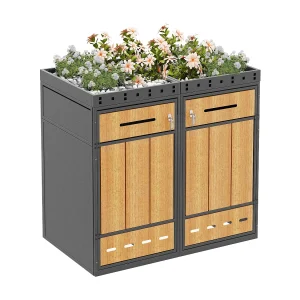 Afvalcontainerbehuizing met groen dak – 132 x 80 x 124 cm – inhoud 120-240 liter – met 2 deuren – metaal – grijs + naturel Afvalcontainerbehuizing met groen dak – 132 x 80 x 124 cm – inhoud 120-240 liter – met 2 deuren – metaal – grijs + naturel