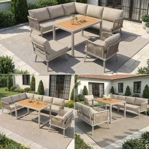 7-persoons tuinset – bank met geweven armleuningen + salontafel + fauteuil + kussens – metaal – beige 7-persoons tuinset – bank met geweven armleuningen + salontafel + fauteuil + kussens – metaal – beige