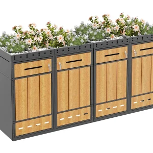Afvalcontaineropbergkast met groen dak – 2 x 132 x 80 x 124 cm – inhoud 120-240 liter – met 4 deuren – metaal – grijs + naturel Afvalcontaineropbergkast met groen dak – 2 x 132 x 80 x 124 cm – inhoud 120-240 liter – met 4 deuren – metaal – grijs + naturel