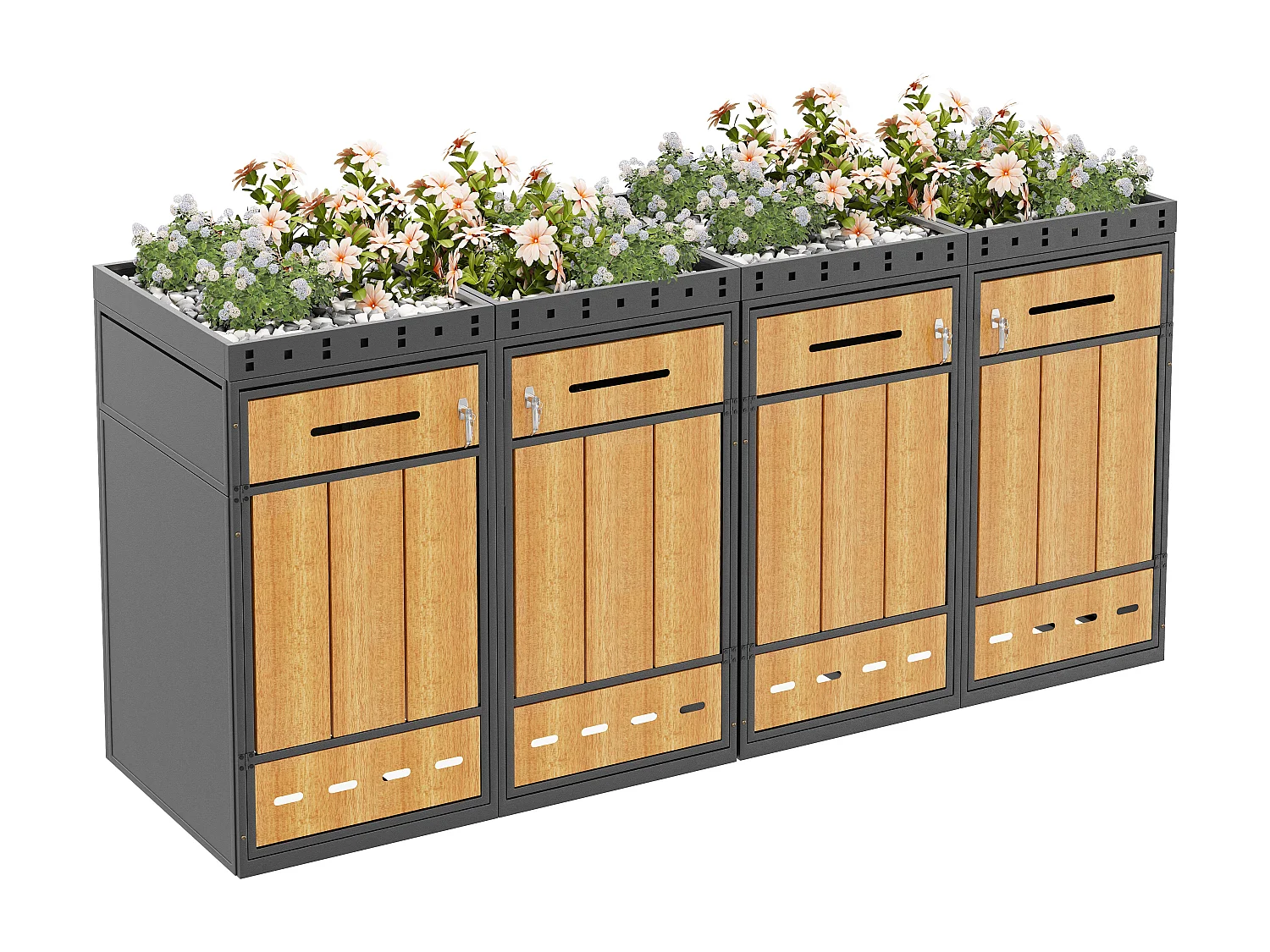Afvalcontaineropbergkast met groen dak - 2 x 132 x 80 x 124 cm - inhoud 120-240 liter - met 4 deuren - metaal - grijs + naturel