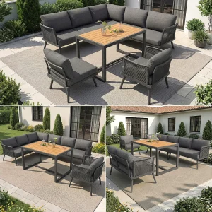 7-persoons tuinset – bank met geweven armleuningen + salontafel + fauteuil + kussens – metaal – grijs 7-persoons tuinset – bank met geweven armleuningen + salontafel + fauteuil + kussens – metaal – grijs