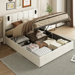 140×200 opbergbed, LED gestoffeerd bed met USB en Type-C bed, tweepersoonsbed, beige