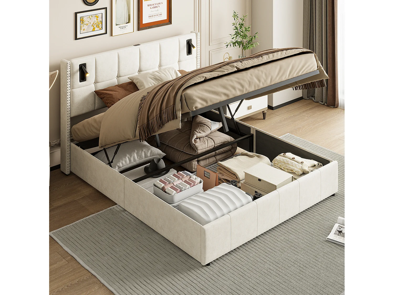 140x200 opbergbed, LED gestoffeerd bed met USB en Type-C bed, tweepersoonsbed, beige