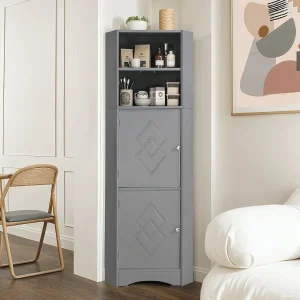 Badkamerkast – Hoekkast Driehoek – 155 cm Hoog – 2 Open Vakken + Kastdeur – Verstelbare Legplank – Spaanplaat Grijs – 36,5×36,5 cm