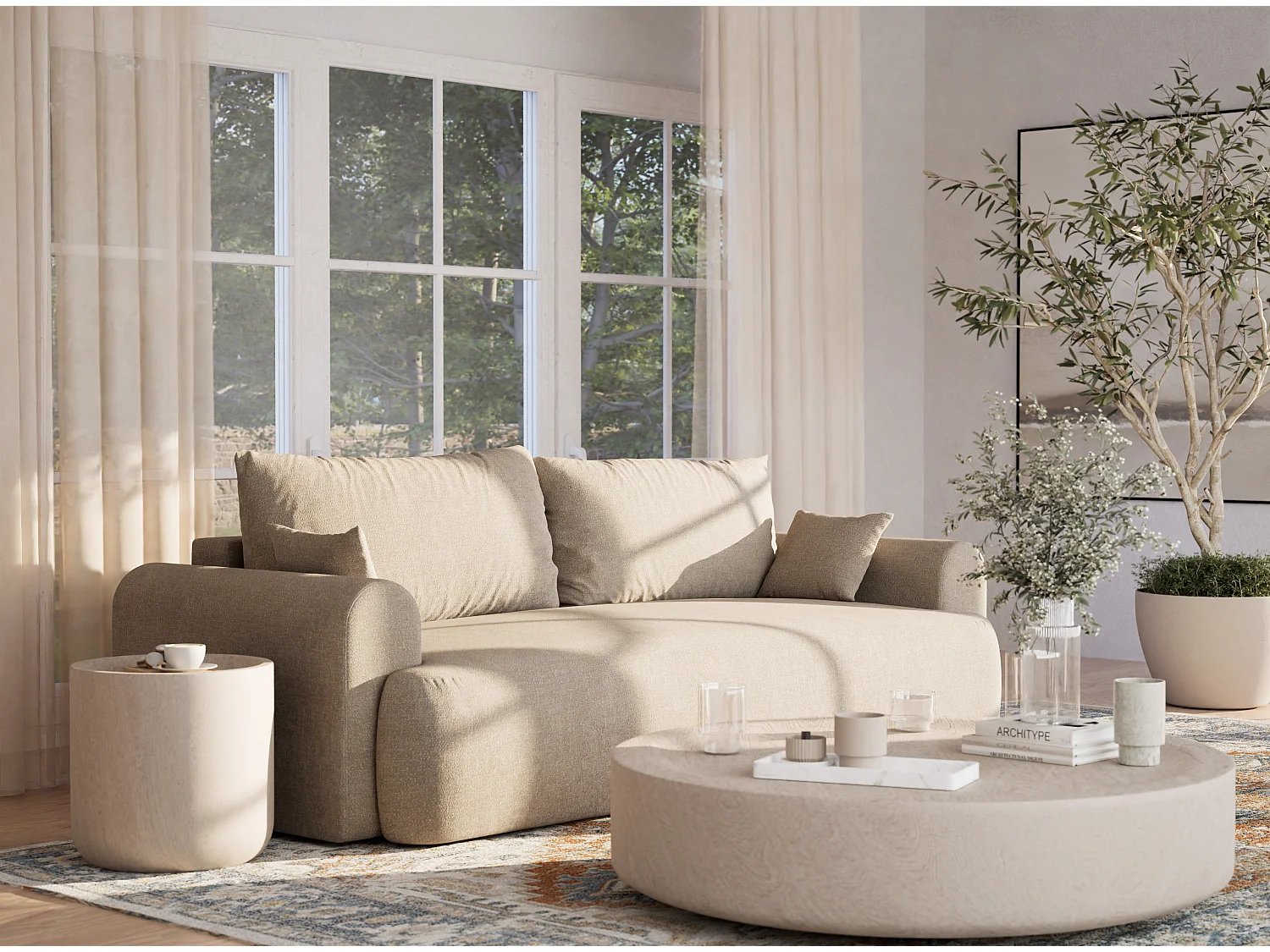 3-zits slaapbank met opbergruimte – chenille stof – beige – TOLUCA
