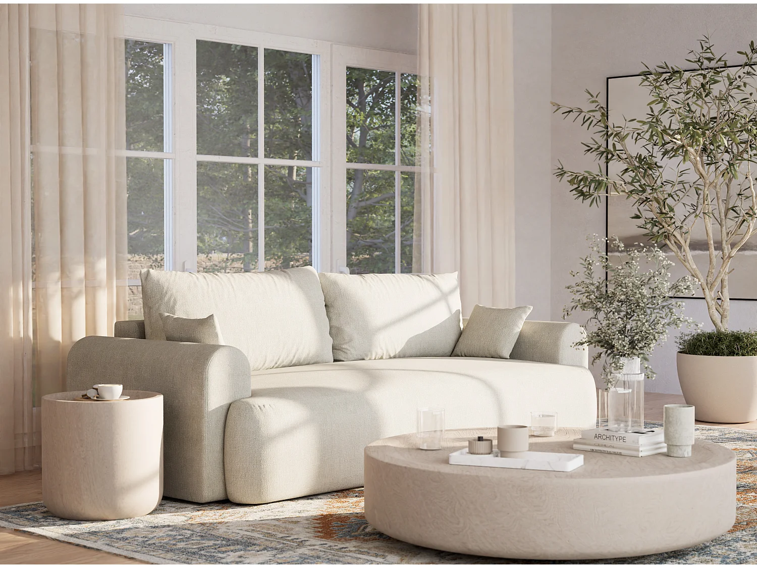 3-zits slaapbank met opbergruimte – chenille stof – creme – TOLUCA