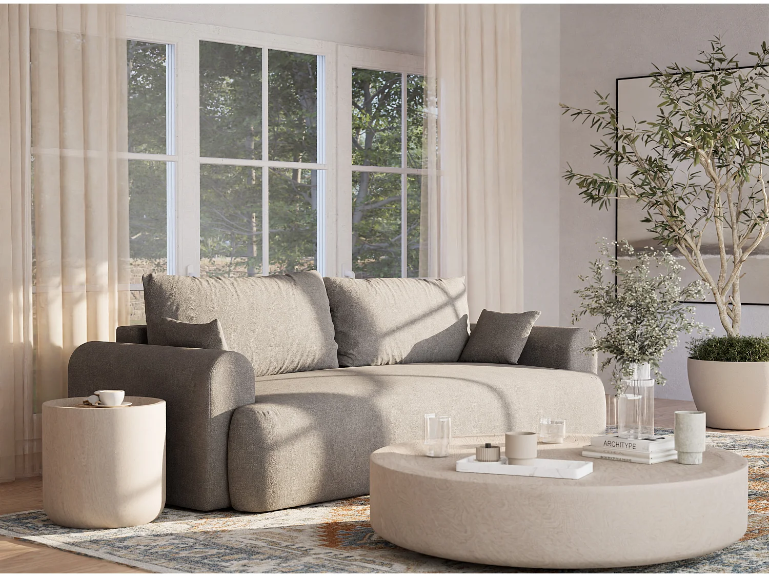 3-zits slaapbank met opbergruimte – chenille stof – beige grijs – TOLUCA