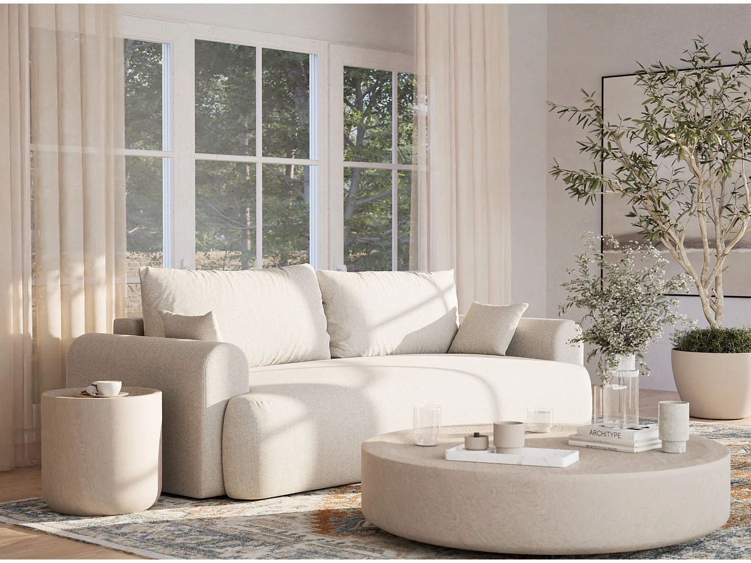 3-zits slaapbank met opbergruimte – geweven stof – lichtbeige – TOLUCA