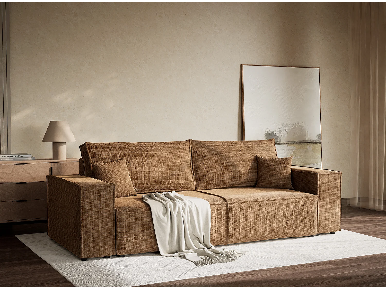 3-zits slaapbank met opbergruimte – chenille stof – bruin – MILOS