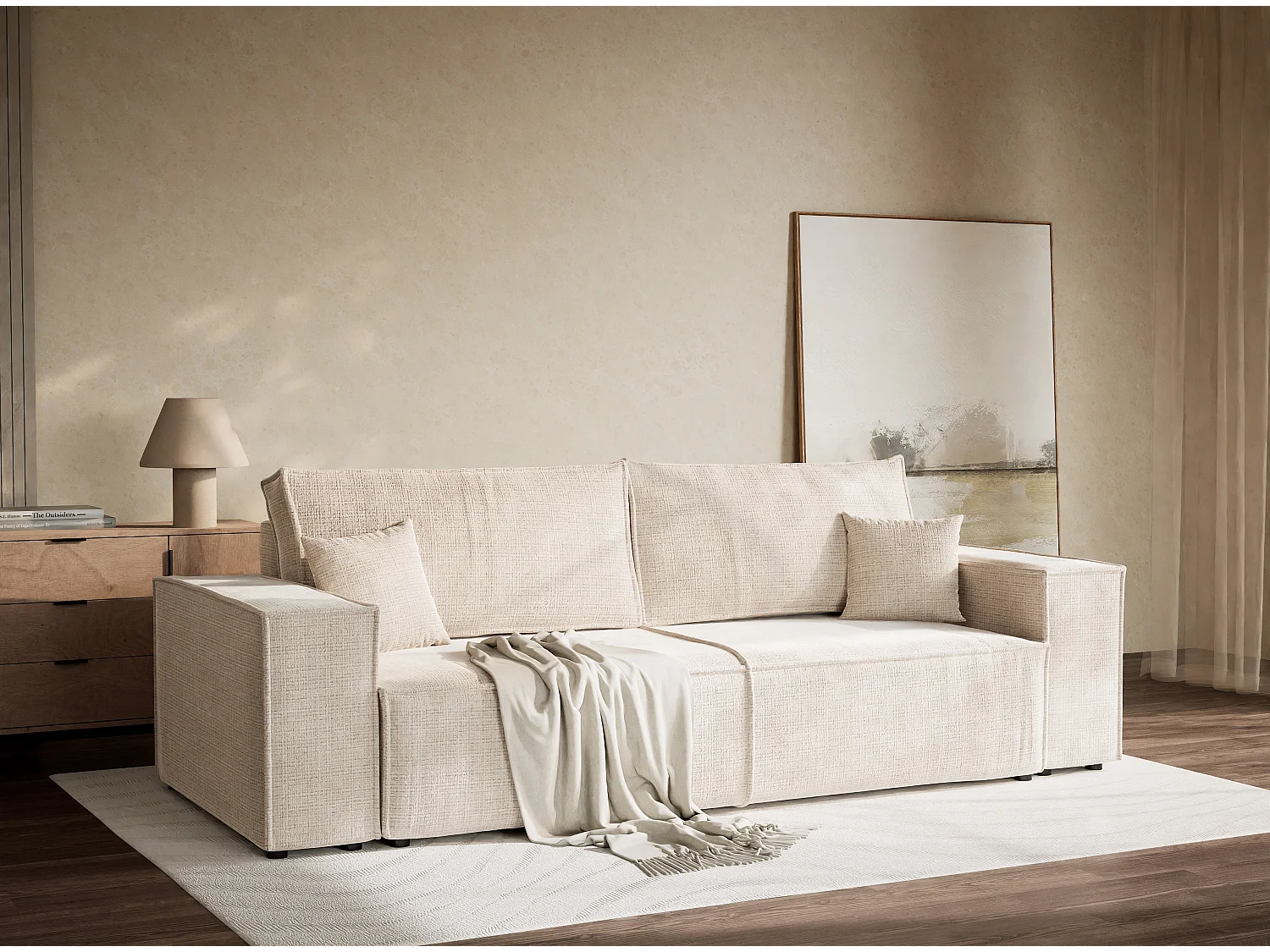 3-zits slaapbank met opbergruimte – chenille stof – creme – MILOS