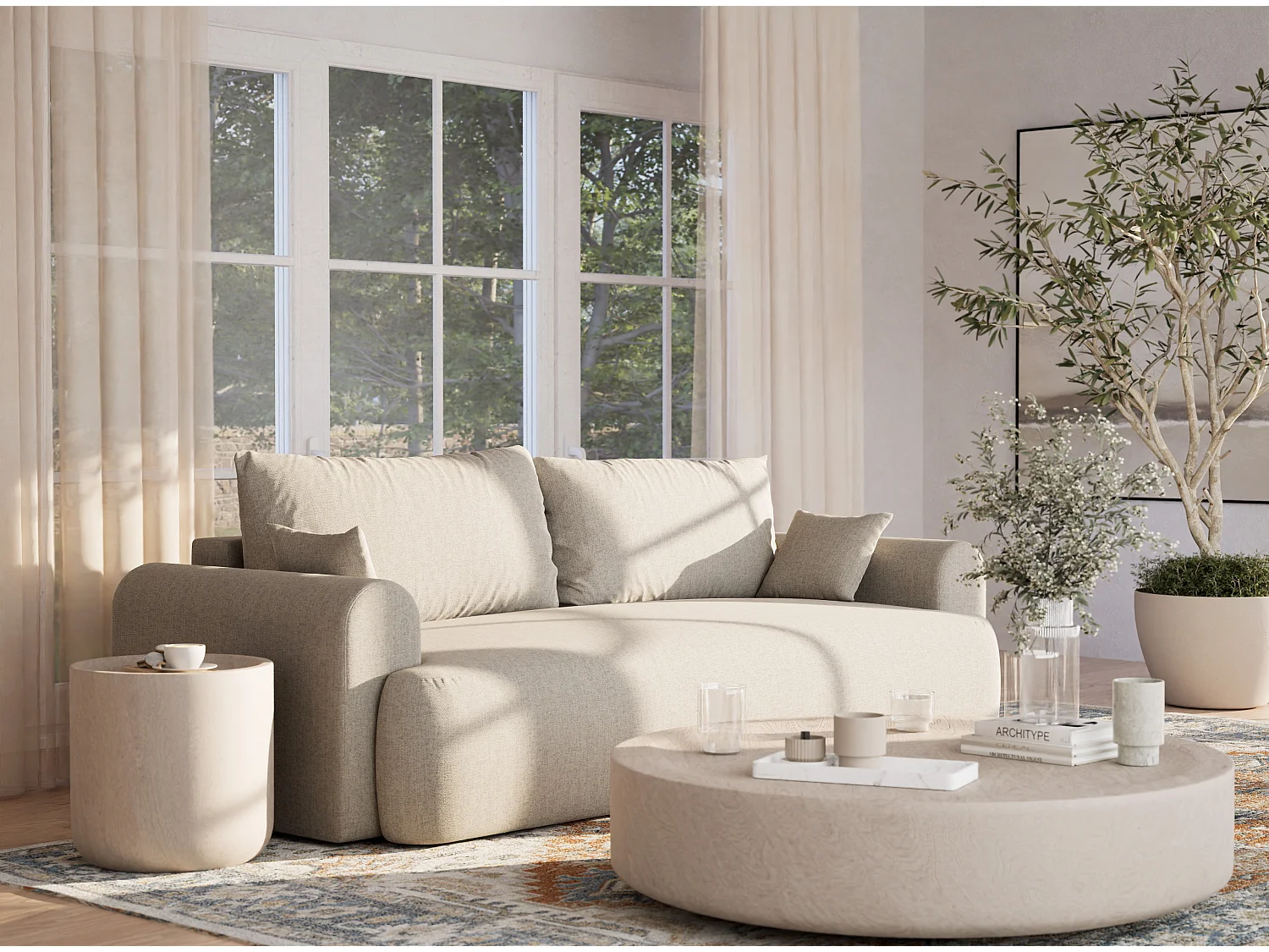 3-zits slaapbank met opbergruimte – geweven stof – beige – TOLUCA