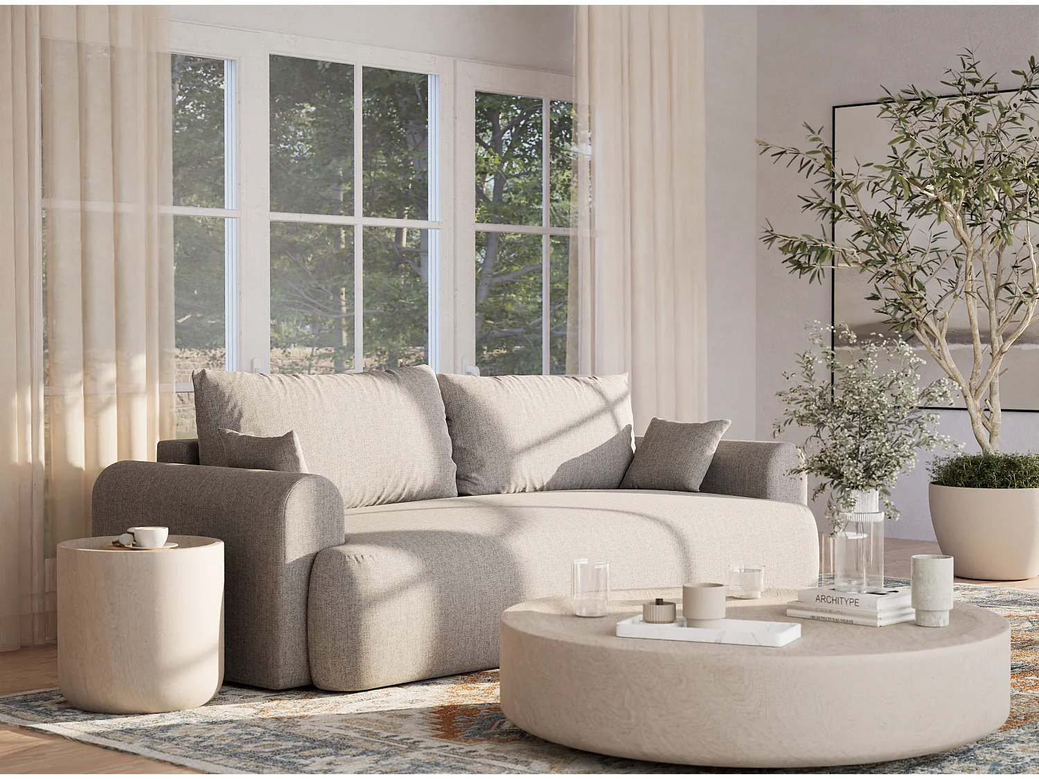 3-zits slaapbank met opbergruimte – geweven stof – beige grijs – TOLUCA