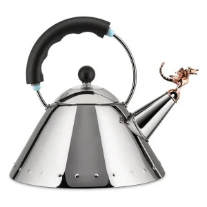 Alessi Waterkoker 9093REXB van zilverkleurig roestvrij staal, ontwerp Michael Graves met iconisch drakensignaal Alessi Waterkoker 9093REXB van zilverkleurig roestvrij staal, ontwerp Michael Graves met iconisch drakensignaal