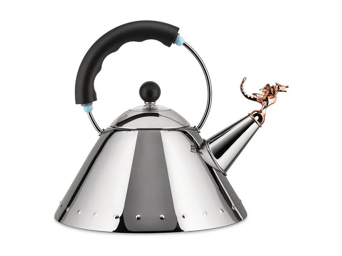 Alessi Waterkoker 9093REXB van zilverkleurig roestvrij staal, ontwerp Michael Graves met iconisch drakensignaal