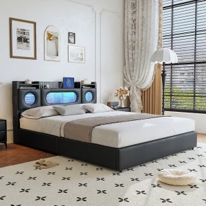 140×200 bed met LED-lattenbodem, opbergruimte in het hoofdeinde en USB-poort, acrylvenster, PU, zwart