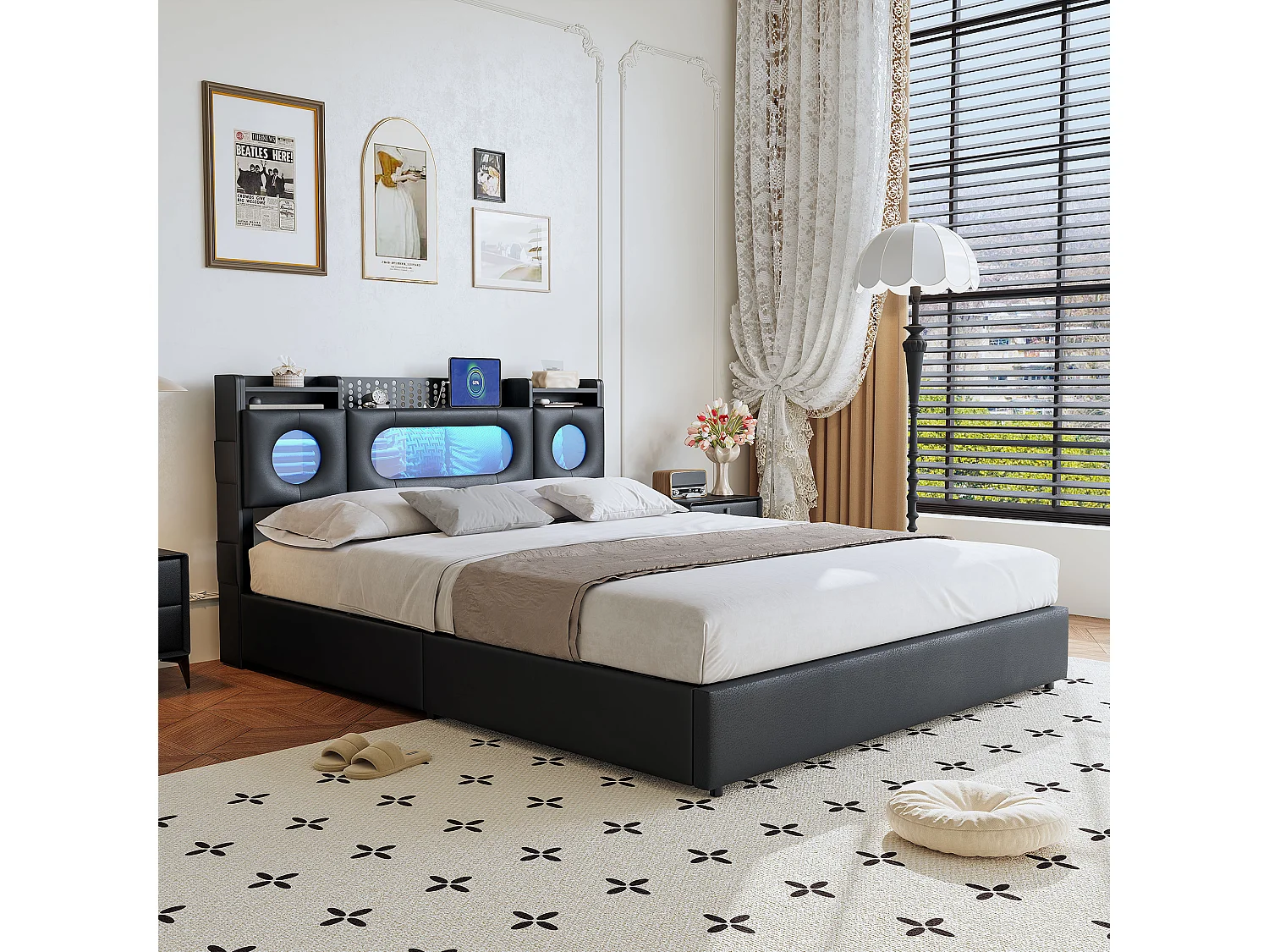 140x200 bed met LED-lattenbodem, opbergruimte in het hoofdeinde en USB-poort, acrylvenster, PU, zwart