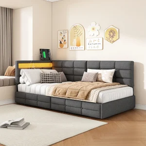 90×200 cm Opbergbed met lades, led- en usb-poorten, lattenbodem, linnen, grijs