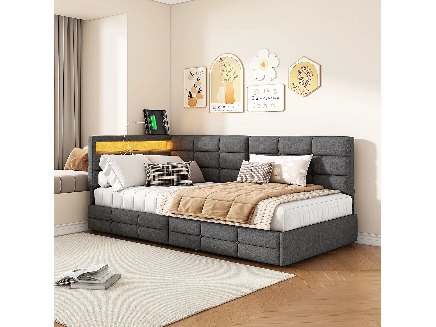 90x200 cm Opbergbed met lades, led- en usb-poorten, lattenbodem, linnen, grijs