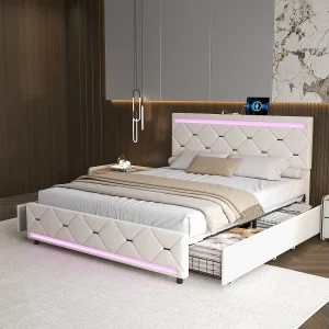 140×190 cm tweepersoonsbed met LED- en USB-aansluiting, lattenbodem, gestoffeerd tweepersoonsbed met 4 opberglades, gebroken wit 140×190 cm tweepersoonsbed met LED- en USB-aansluiting, lattenbodem, gestoffeerd tweepersoonsbed met 4 opberglades, gebroken wit