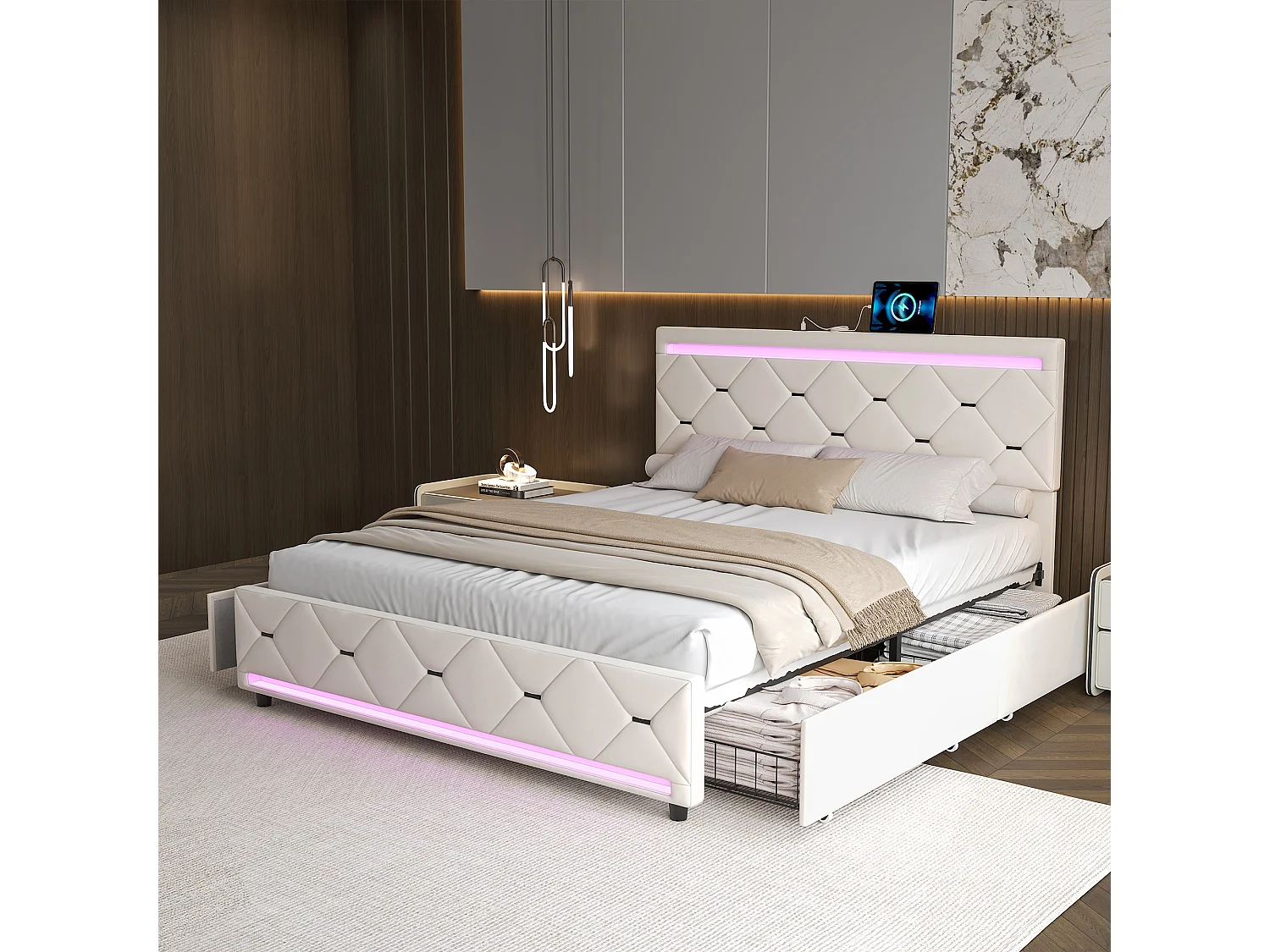 140×190 cm tweepersoonsbed met LED- en USB-aansluiting, lattenbodem, gestoffeerd tweepersoonsbed met 4 opberglades, gebroken wit