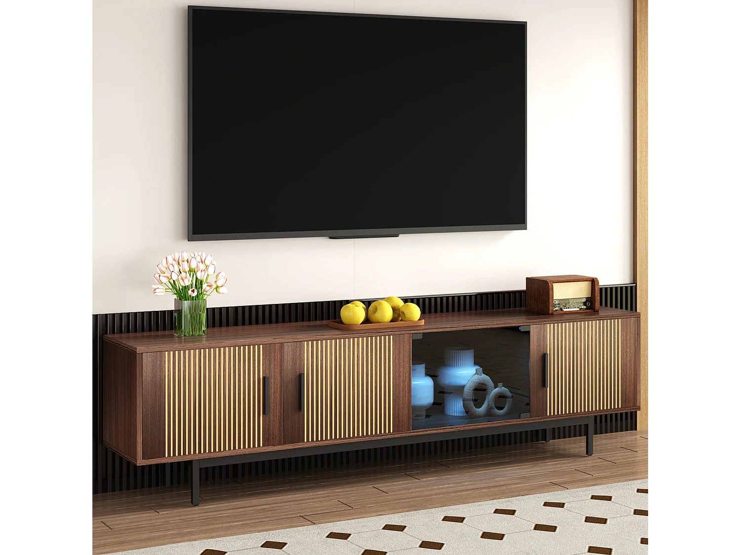 200 cm tv-meubel, moderne tv-bank met ledverlichting, 3 gestreepte deuren en 1 glazen deur, metalen frame