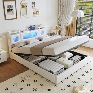 160×200 bed met LED-lattenbodem, opbergruimte in het hoofdeinde en USB-poort, acrylvenster, PU, wit
